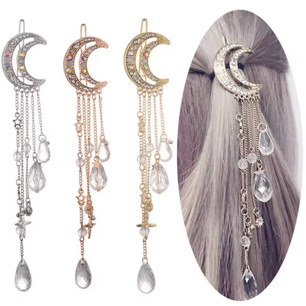 Crescent Moon Hair Clip with Crystal Chains